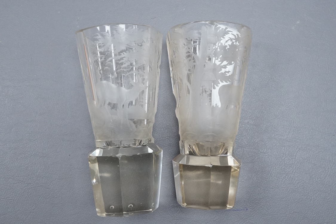A pair of Bohemian intaglio engraved stag and doe beakers, late 19th century, height 15cm